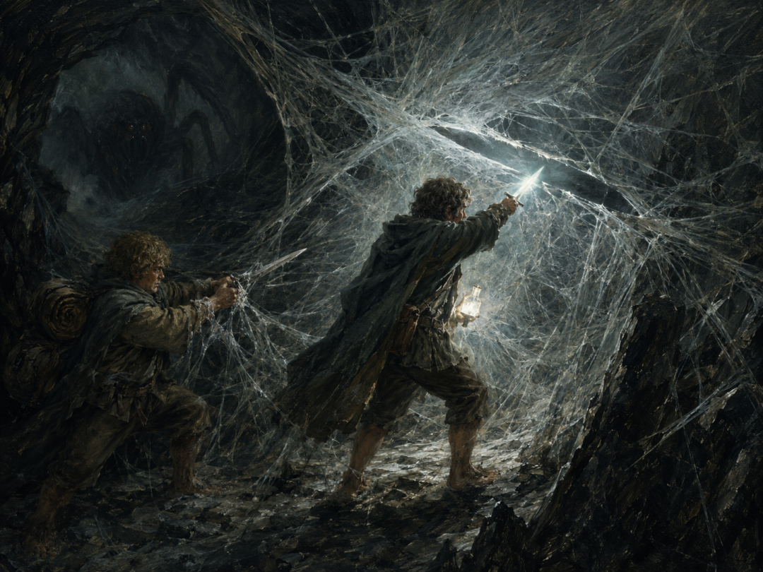Sam notices Sting glowing blue near the Tower of Cirith Ungol while Shelob approaches from the shadows.