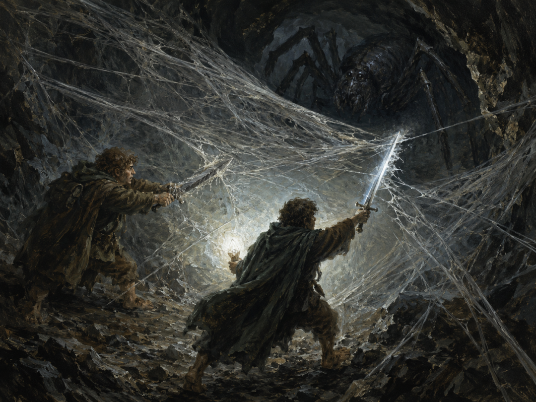 Frodo uses Sting to cut through Shelob’s immense web after Sam’s blade fails to sever it.