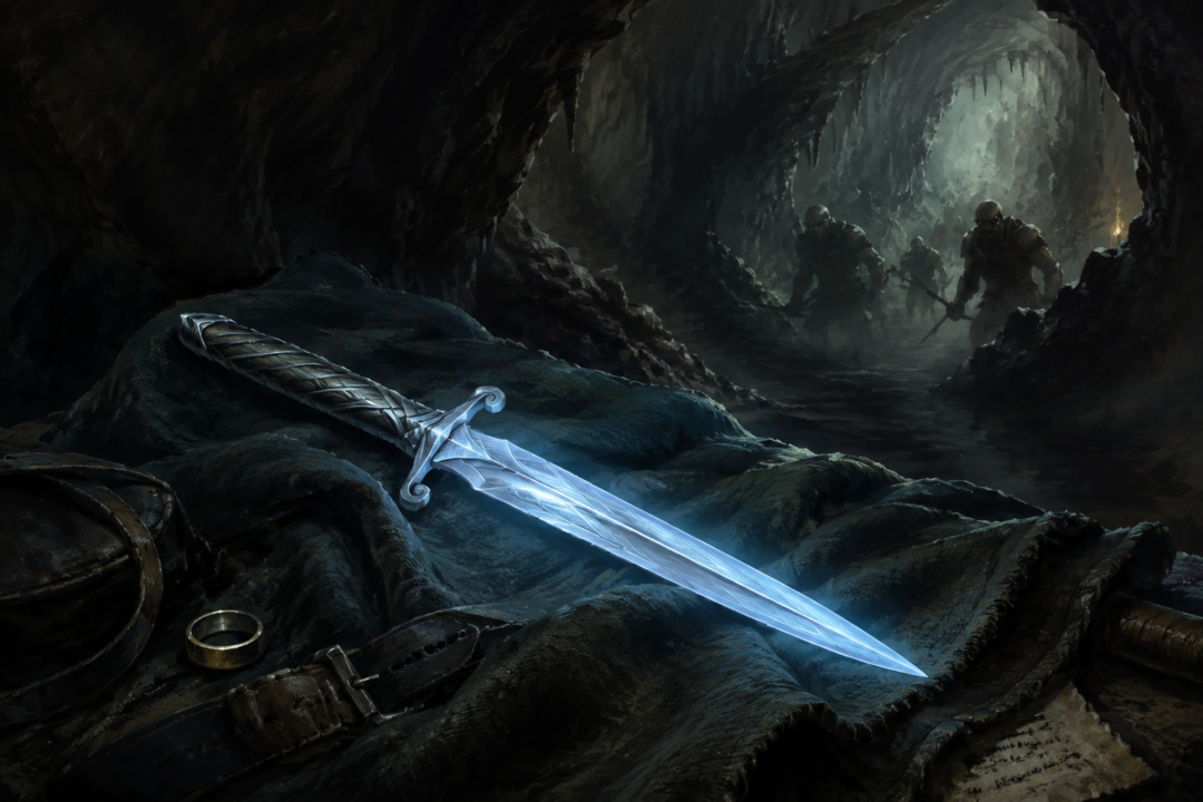 Sting the Elven blade glowing blue in a dark cavern as Orcs approach unseen