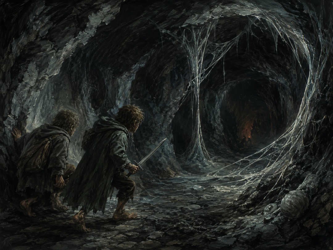 Frodo and Sam cautiously entering Shelob’s dark tunnel with Sting drawn while an unseen threat waits ahead.