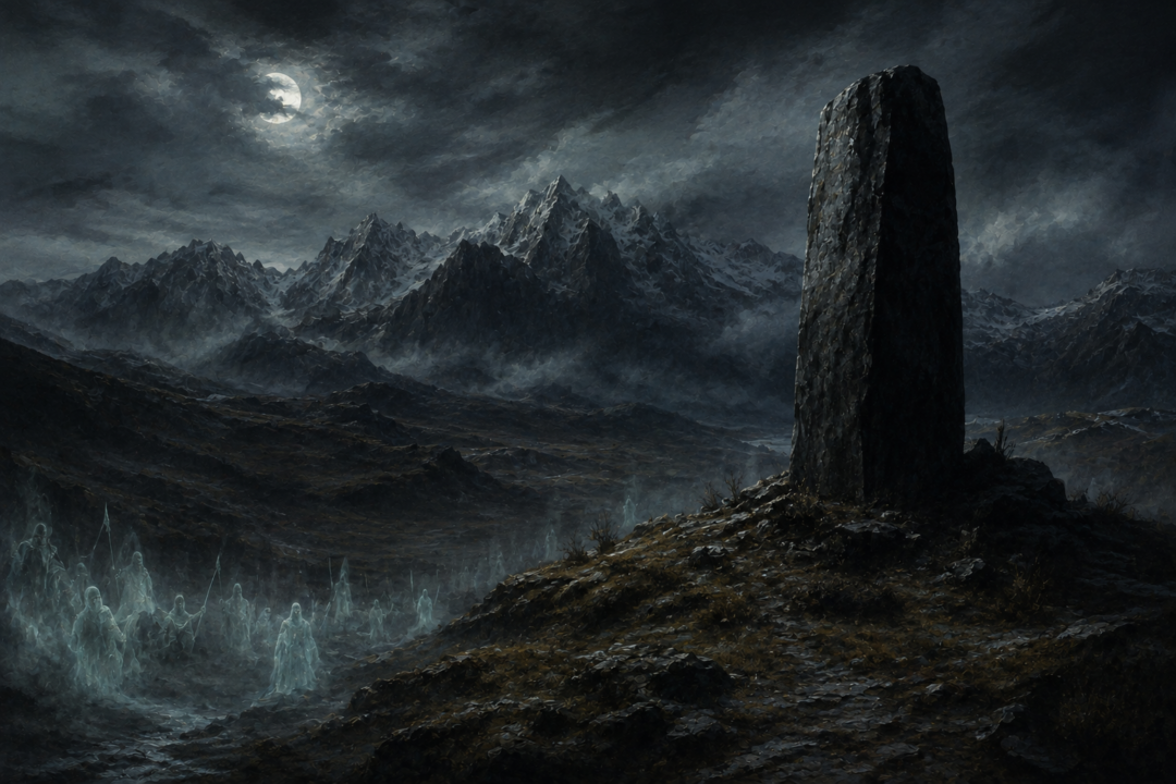 The Stone of Erech stands beneath moonlight as the Sleepless Dead haunt the surrounding hills.