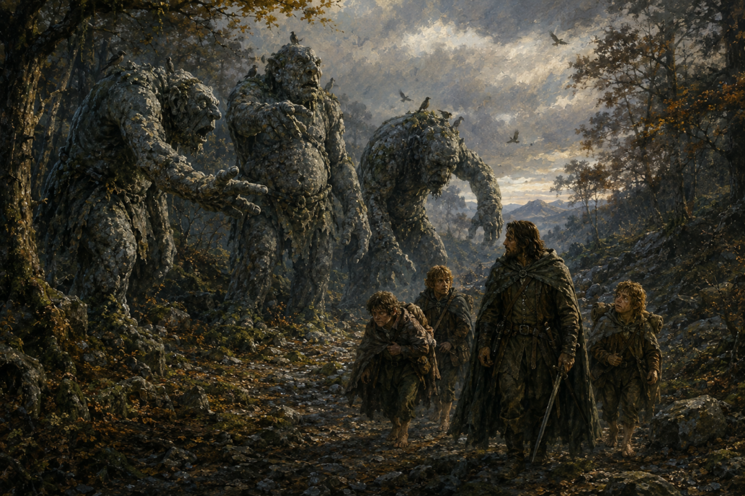 Aragorn and the hobbits encounter the three weathered stone trolls while travelling toward Rivendell.