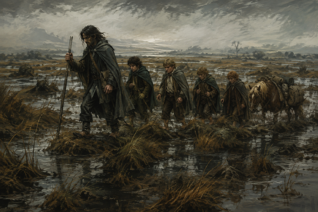 Strider leads four hobbits and their laden pony carefully through the boggy pools and reeds of the Midgewater Marshes.