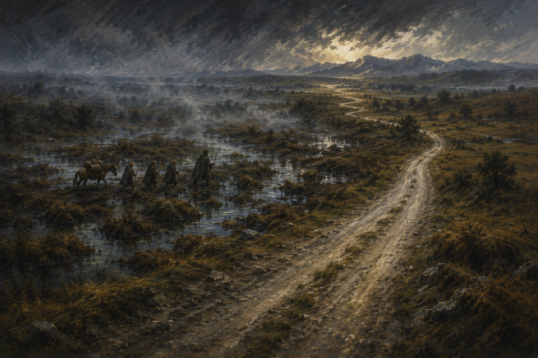 Strider leads the hobbits away from the easier open road and through the difficult Midgewater Marshes toward the east.