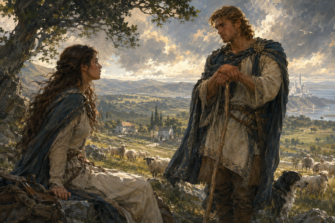 Tar-Ancalimë encounters Hallacar among the sheep pastures of Emerië in Númenor before their politically significant marriage.
