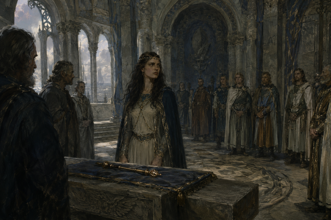 Tar-Ancalimë standing before the Sceptre and Council of Númenor as marriage and royal succession become politically intertwined.