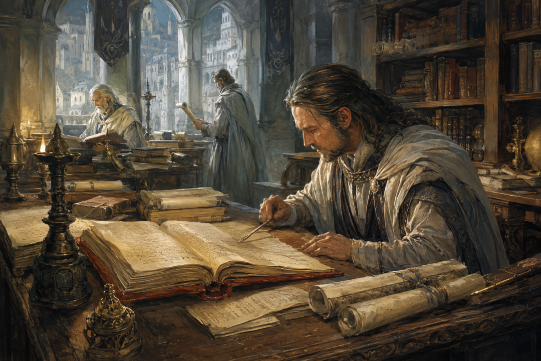 Gondorian scholars annotating and correcting the Thain’s Book in the archives of Minas Tirith