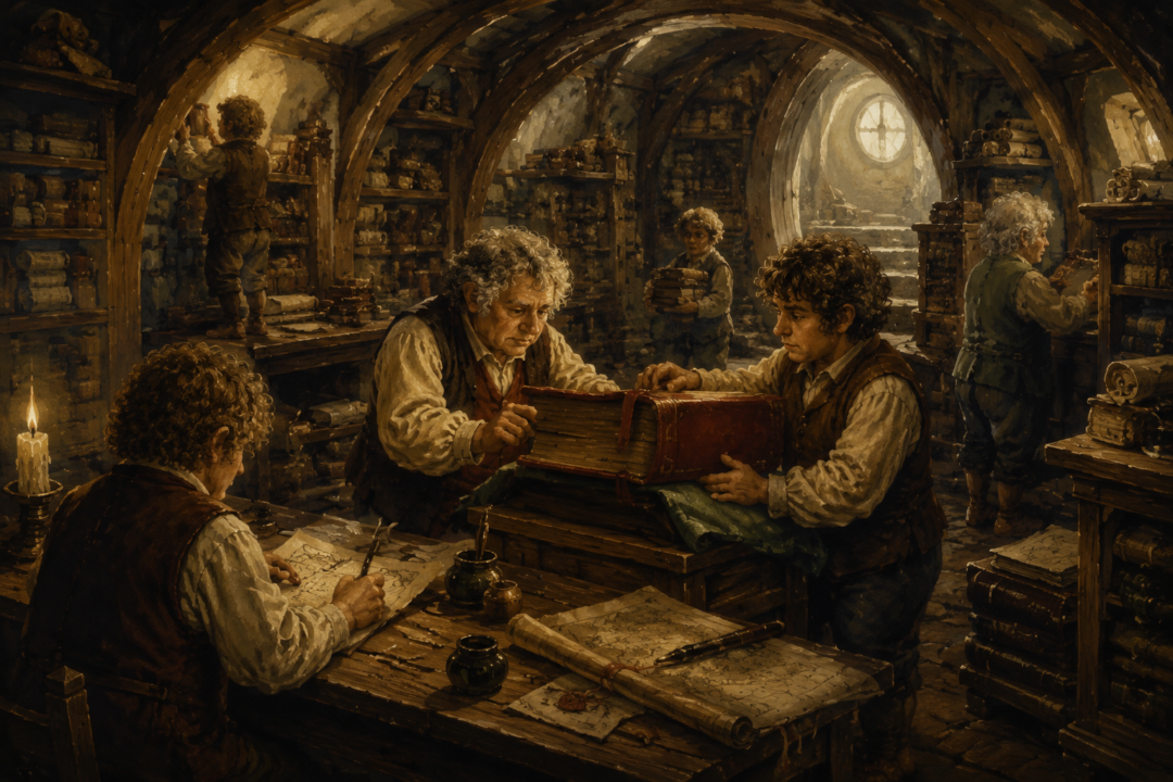Hobbit keepers preserving the Thain’s Book in an archive