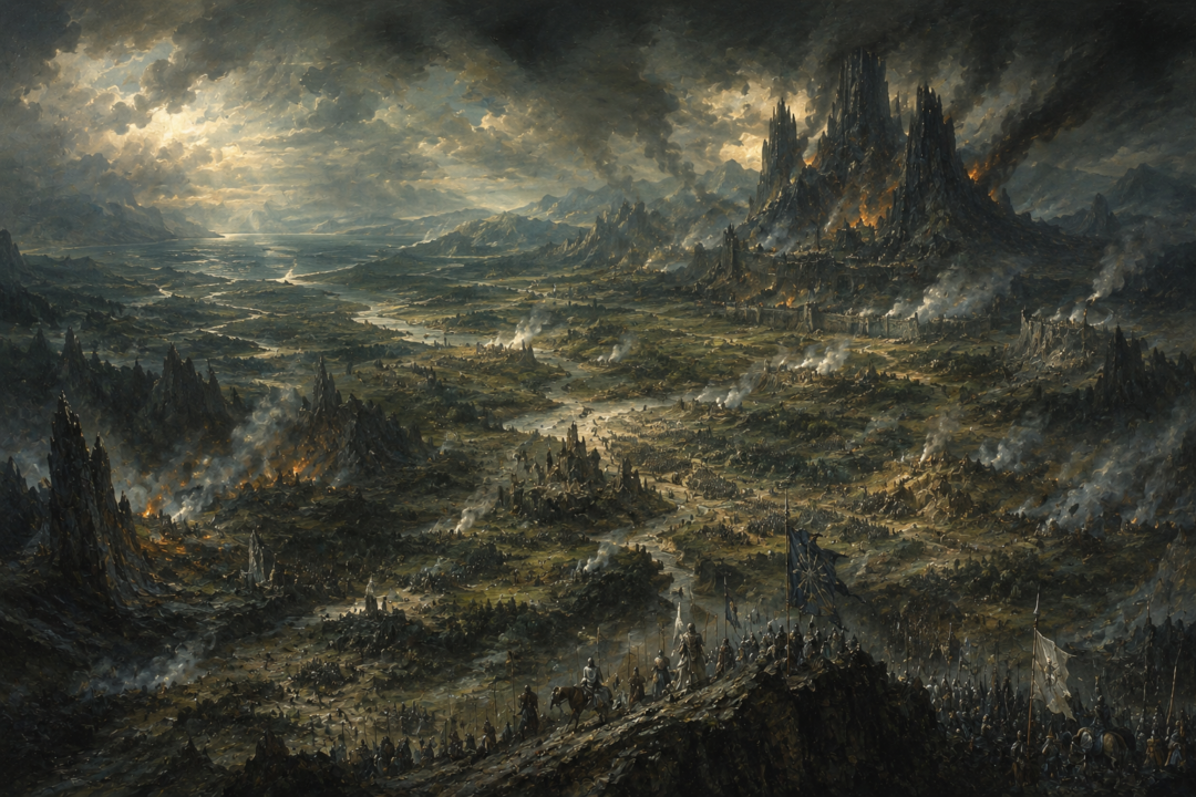 Wide view of shattered Thangorodrim in northern Beleriand during the immense devastation of the War of Wrath.