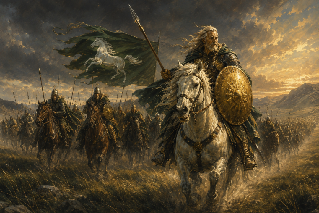 Théoden gives Gimli his childhood green shield bearing the running white horse of the House of Eorl