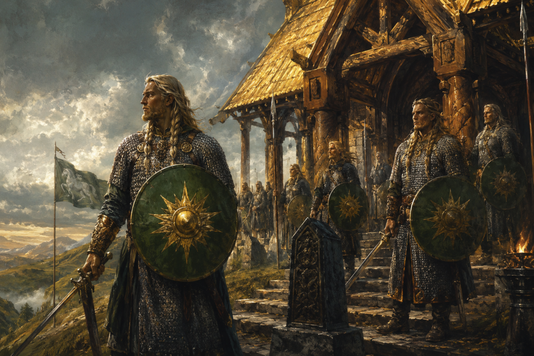 Merry retrieves his green shield after Théoden's fall while the white horse banner of Rohan flies beyond