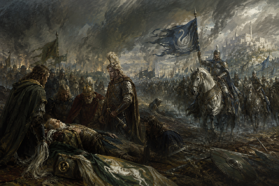 Théoden lies fallen on the Pelennor Fields as Éomer succeeds him in Rohan and Prince Imrahil leads Gondor's forces.