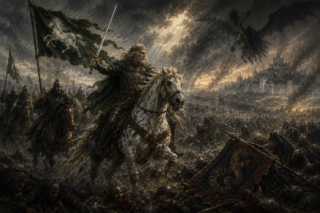 Théoden rides beneath the banner of Rohan after defeating the Haradrim as a dark threat descends over the Pelennor Fields.