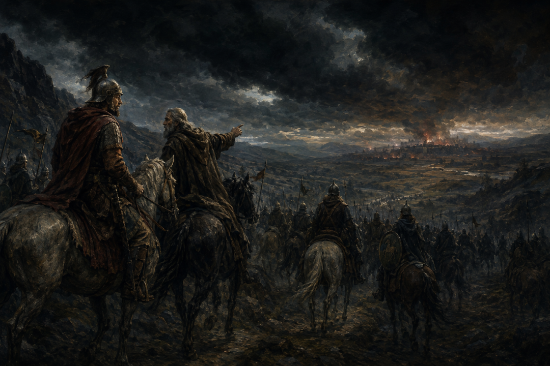 Théoden and the Rohirrim following Ghân-buri-Ghân through the darkness toward Minas Tirith.