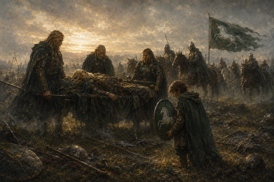 Théoden charges across the Pelennor with his golden shield shining like the Sun above the green grass