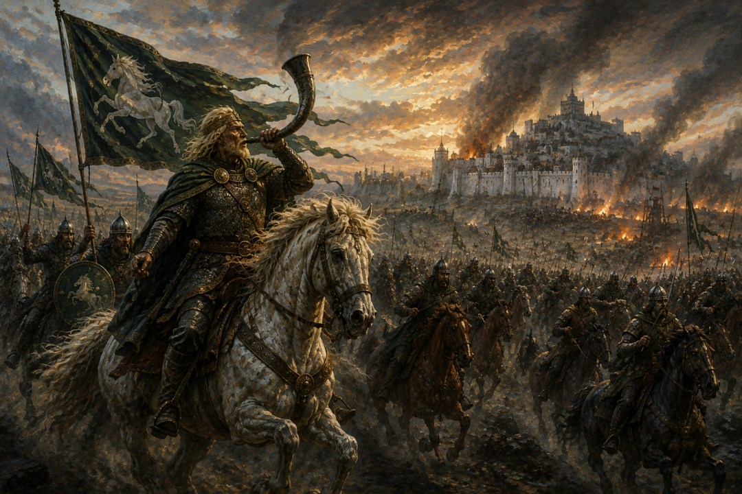 King Théoden sounds the war horn beneath Rohan's horse banner as the Ride of the Rohirrim begins.