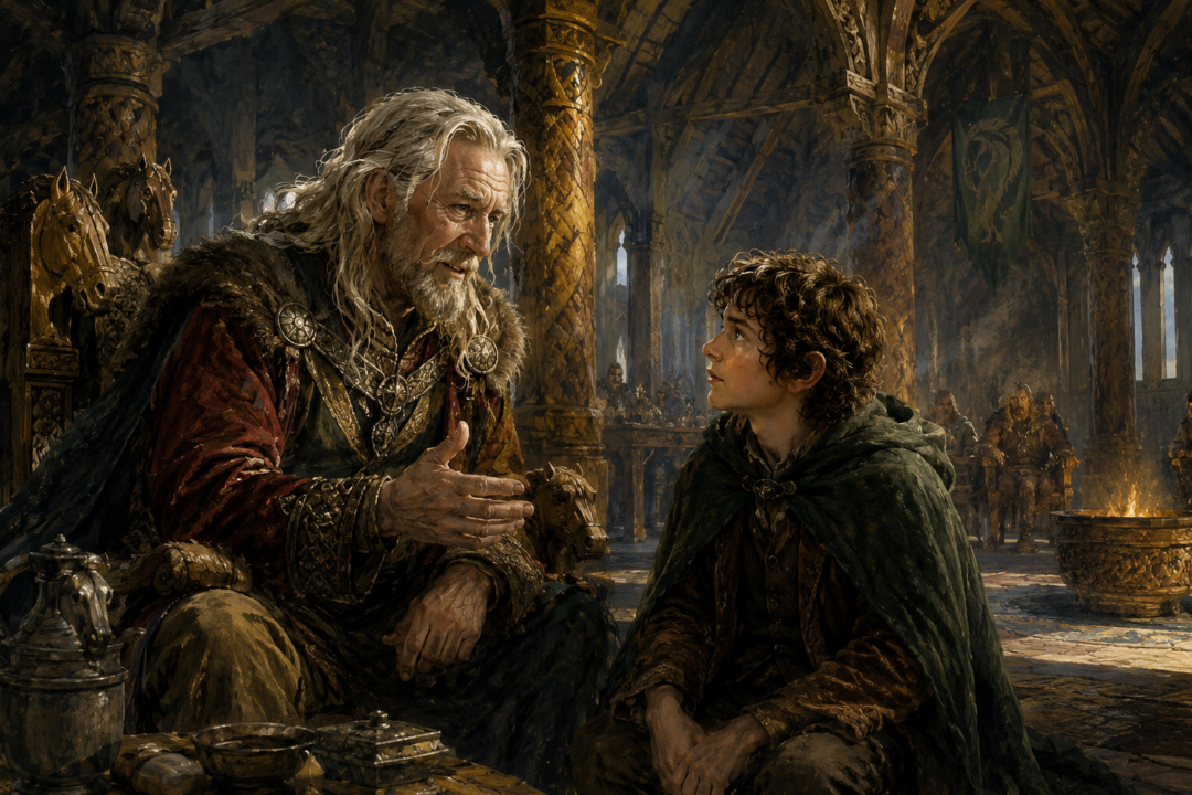 King Théoden speaks with Merry in Meduseld, evoking the linguistic connection between Rohirric and old Hobbit speech.