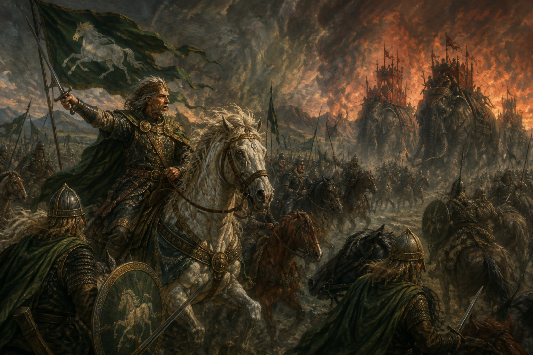 King Théoden rallies scattered Riders of Rohan into formation as the Mûmakil approach on the Pelennor Fields.