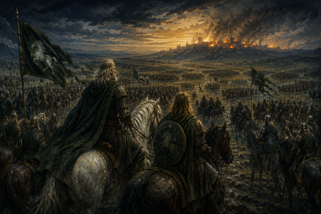 Théoden organizes the Rohirrim into separate cavalry forces before their attack on the Pelennor Fields.