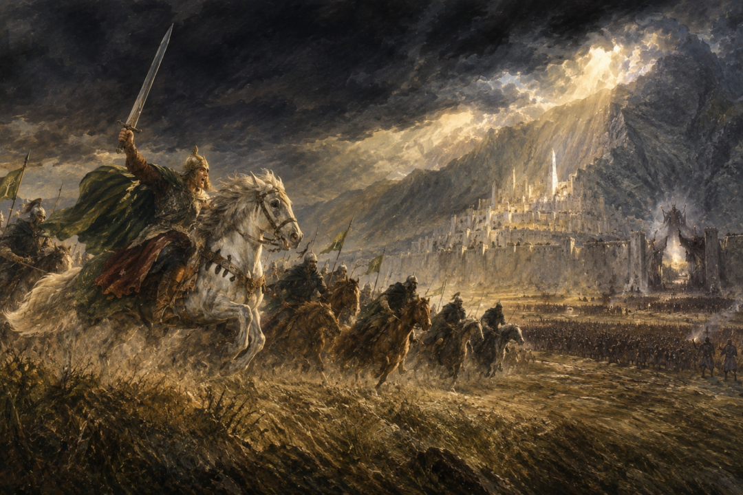 Théoden leading the Rohirrim onto the Pelennor as the darkness breaks and dawn returns.