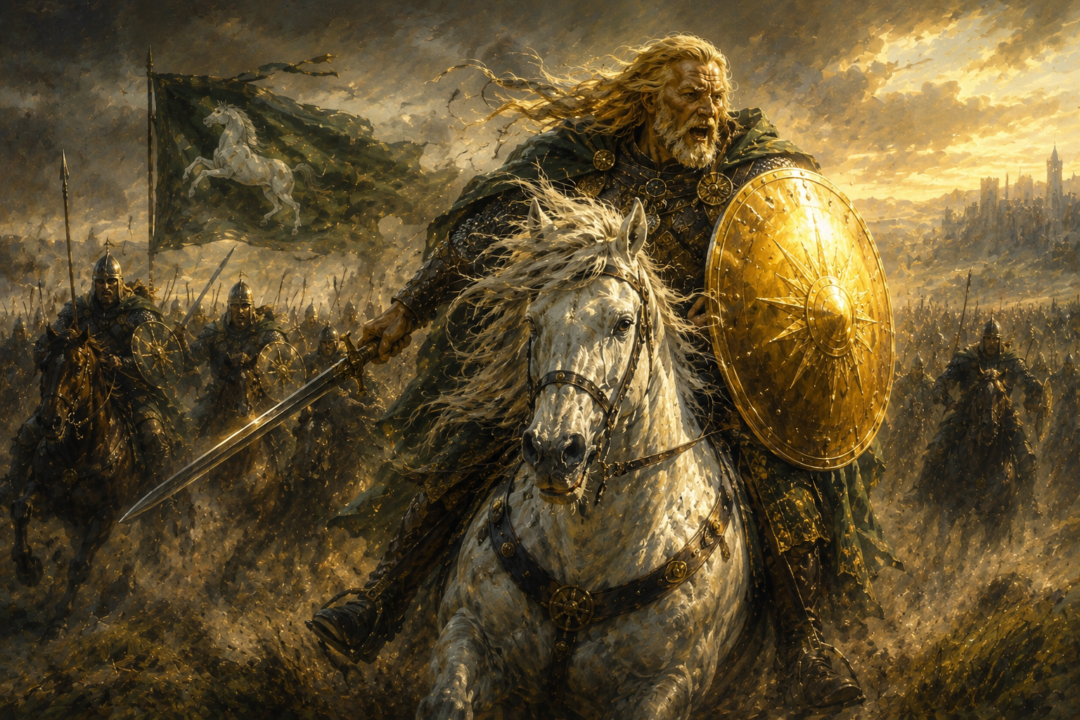 Théoden rides Snowmane ahead of the white horse upon green banner of the House of Eorl