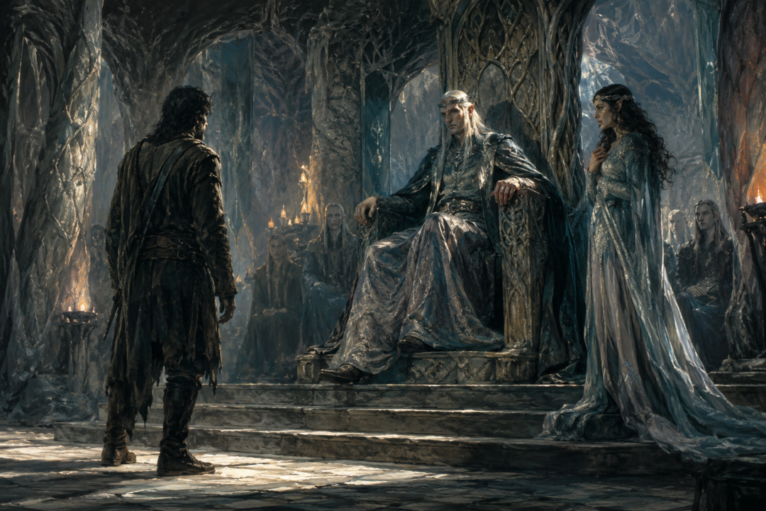 Beren standing before Thingol, Melian, and Lúthien in Menegroth as Thingol demands a Silmaril as Lúthien’s bride-price