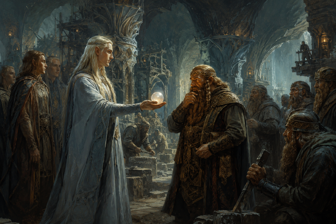 Thingol presents the great pearl Nimphelos to the Dwarves of Belegost inside the newly carved halls of Menegroth.