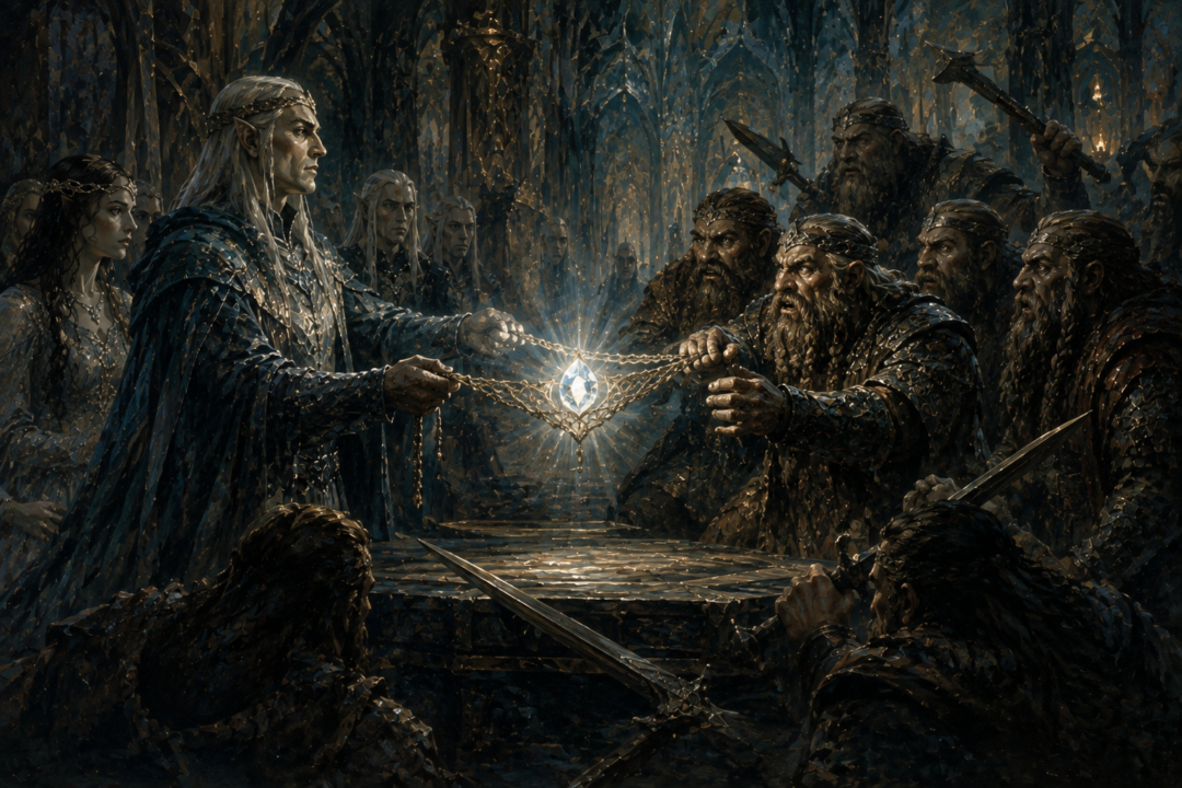 Thingol and the Dwarves of Nogrod disputing over the Nauglamír set with the Silmaril in Menegroth