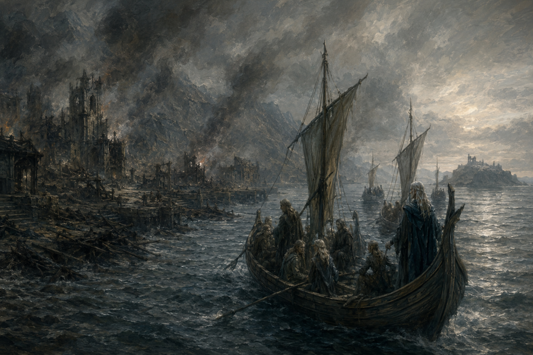 Survivors fleeing the ruined Havens of Sirion by ship toward the Isle of Balar after the Third Kinslaying