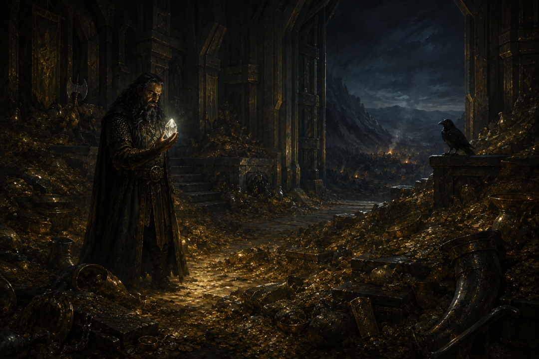 Thorin Oakenshield stands amid the treasure of Erebor as enemy campfires glow beyond the Mountain