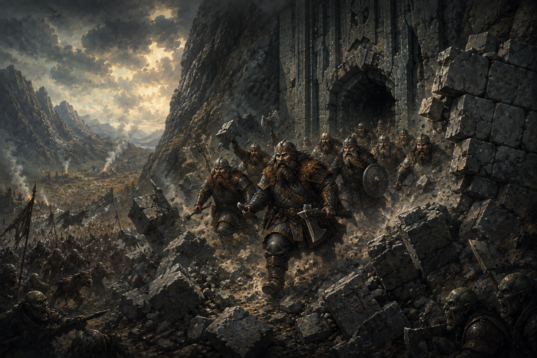 Thorin Oakenshield and his companions breaking through Erebor's barricade to join the Battle of Five Armies