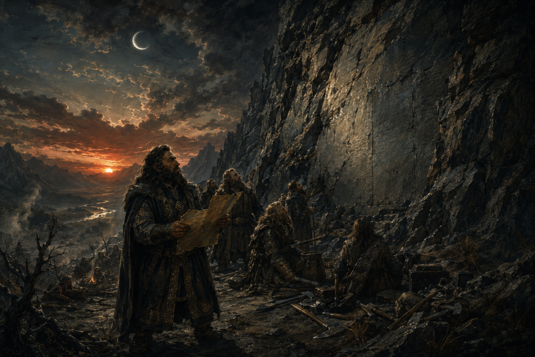 Thorin studies Thrór’s map beneath the Lonely Mountain while the setting sun and thin moon mark the approach of Durin’s Day.