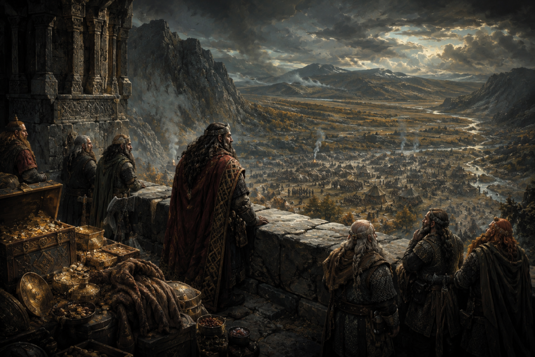 Thorin and his Dwarves watching the besieging forces outside Erebor while supplies run low