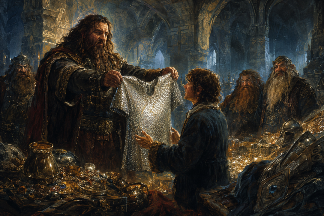 Thorin presents Bilbo with the mithril coat among the recovered treasures of Erebor.