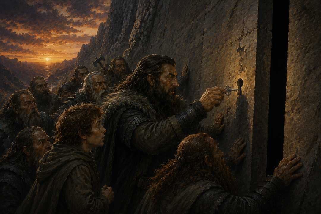 Thorin places the silver key into the newly revealed keyhole as the Dwarves prepare to open Erebor’s secret door.
