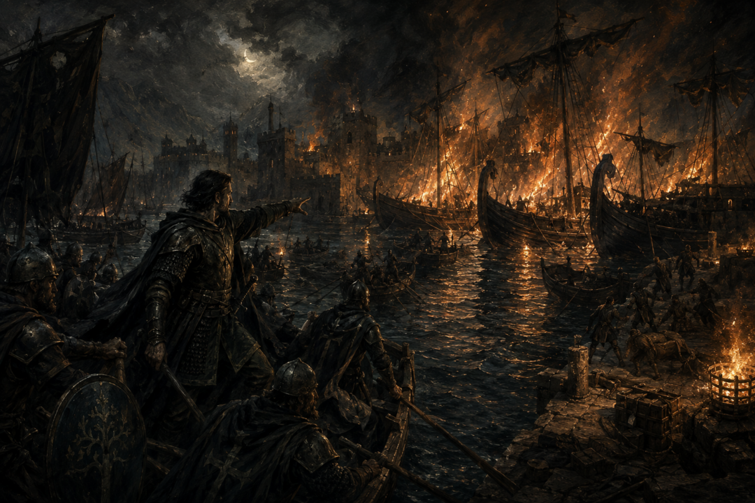 Thorongil leading a night raid that burns Corsair ships inside the Haven of Umbar