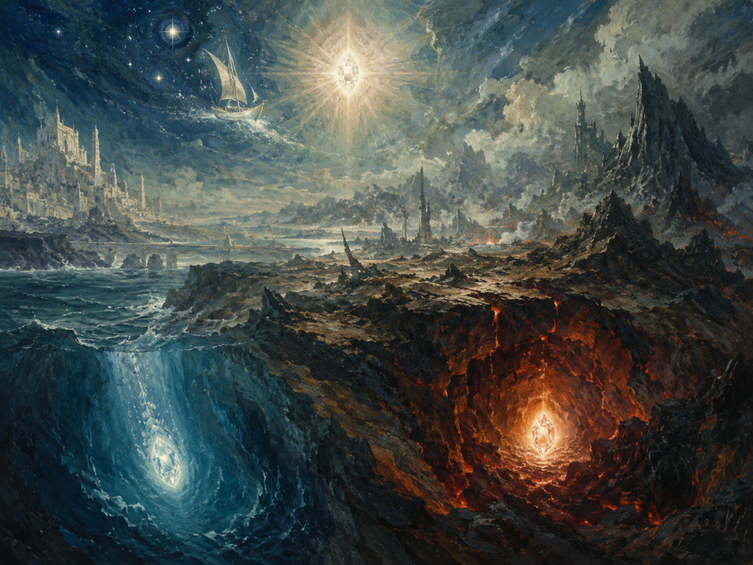 The three Silmarils reaching their final homes in the sky, beneath the earth, and within the sea.