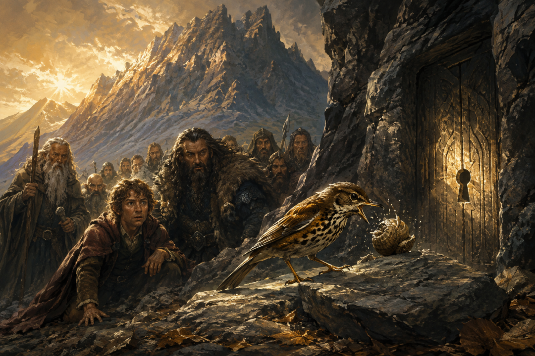 An ancient thrush cracks a snail beside the secret door of Erebor as Bilbo and the Dwarves watch on Durin's Day.