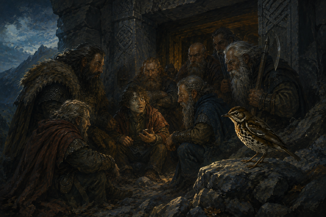 The old thrush listens as Bilbo tells Thorin and the Dwarves about his encounter with Smaug.