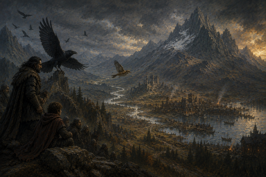 A thrush flies between Erebor, ruined Dale, and Lake-town as a symbol of the ancient communication network of the region.