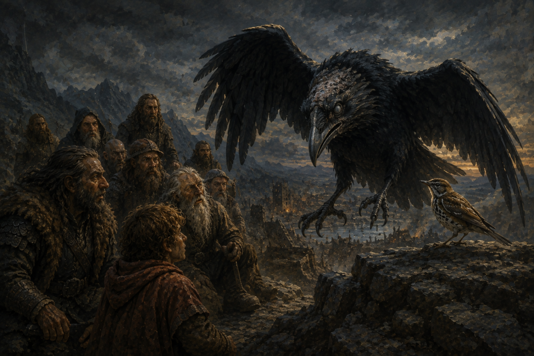 The old thrush brings the aged raven Roäc to Thorin and his companions on Ravenhill.