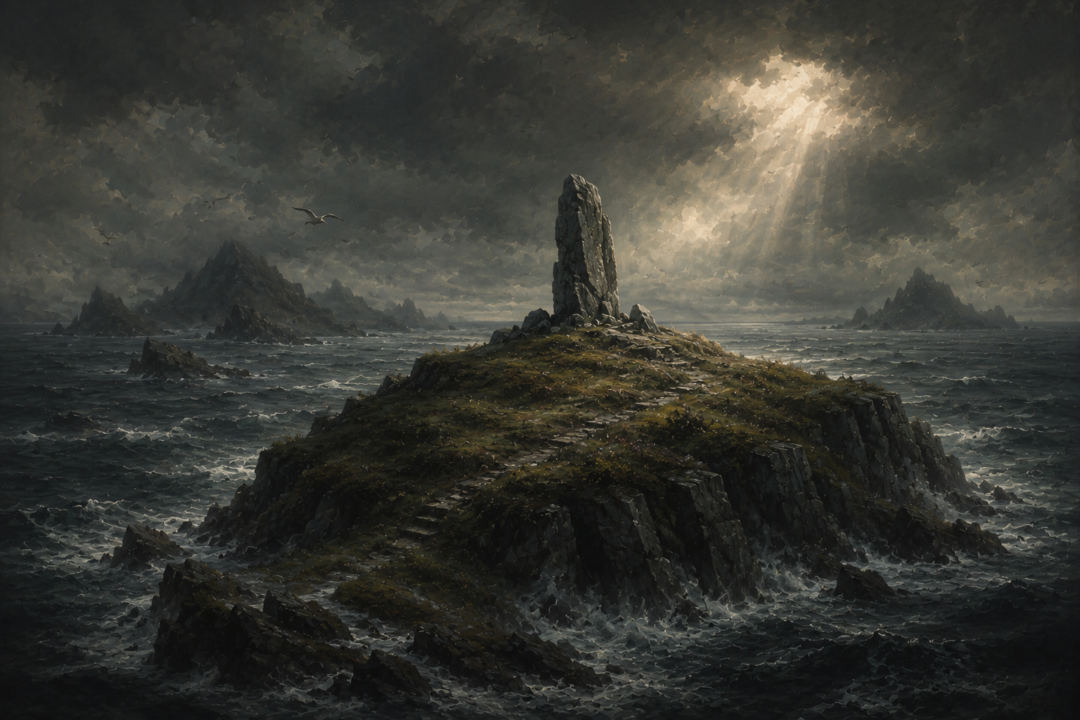 Tol Morwen and the Stone of the Hapless standing above the sea after the drowning of Beleriand
