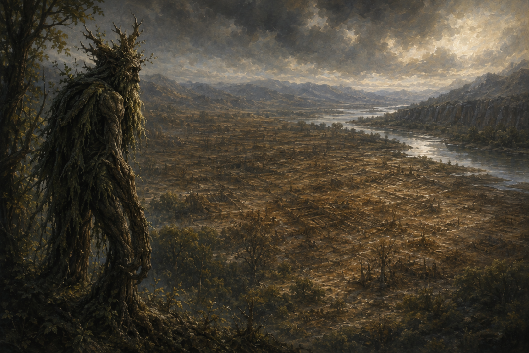 Treebeard looking across the desolate lands where the gardens of the Entwives once flourished
