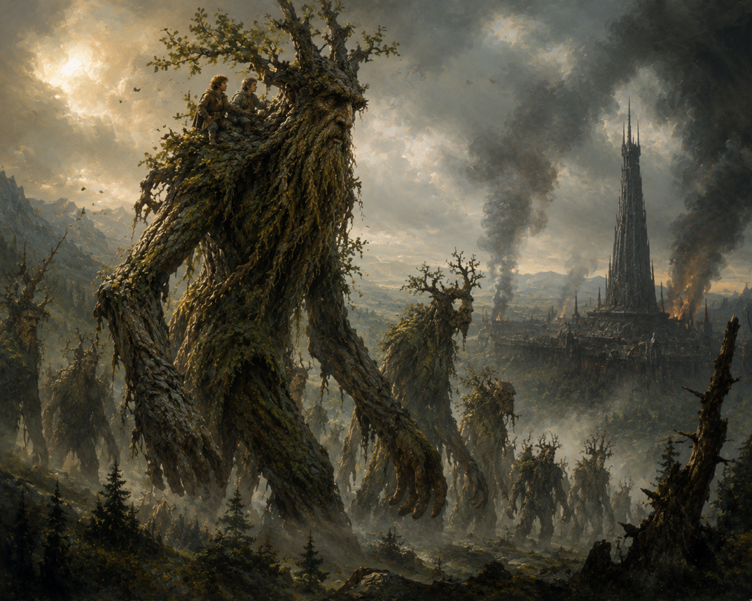 Treebeard carries Merry and Pippin as the Ents leave Fangorn and advance toward Isengard.