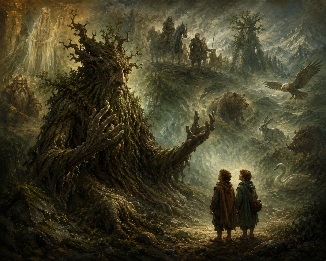 Treebeard recalls the ancient Long List of living creatures while Merry and Pippin stand outside his inherited classification.