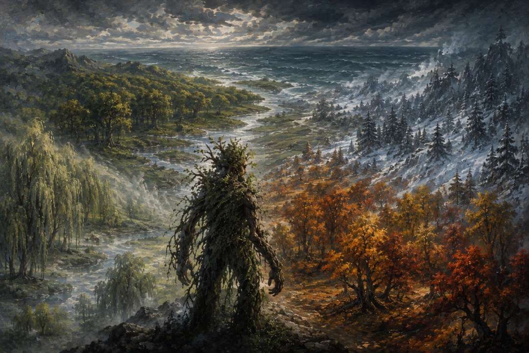 Treebeard remembering the elm woods, beech forests, pine highlands and willow country of lost Beleriand