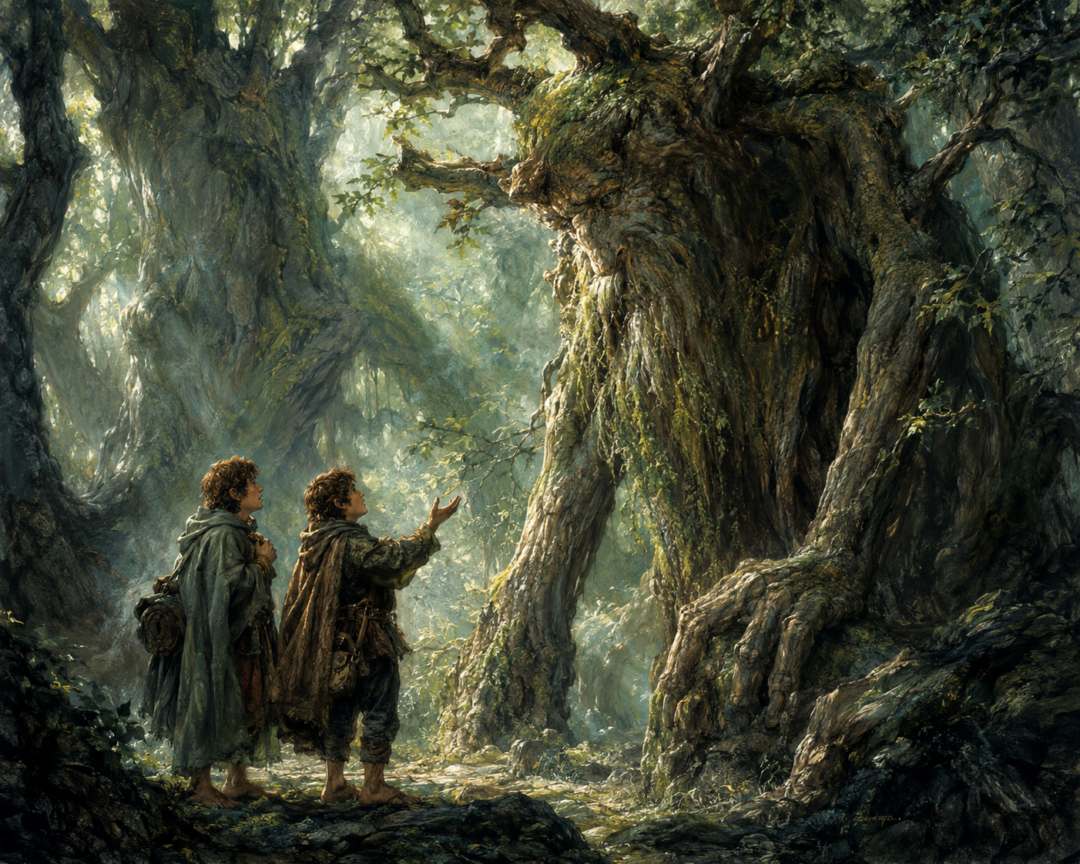 Treebeard studies Merry and Pippin in Fangorn Forest after discovering that Hobbits are absent from his old lists.