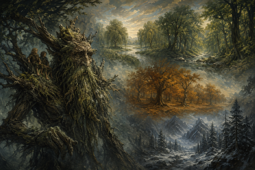 Treebeard carrying Merry and Pippin through Fangorn while memories of vanished ancient forests appear through the mist
