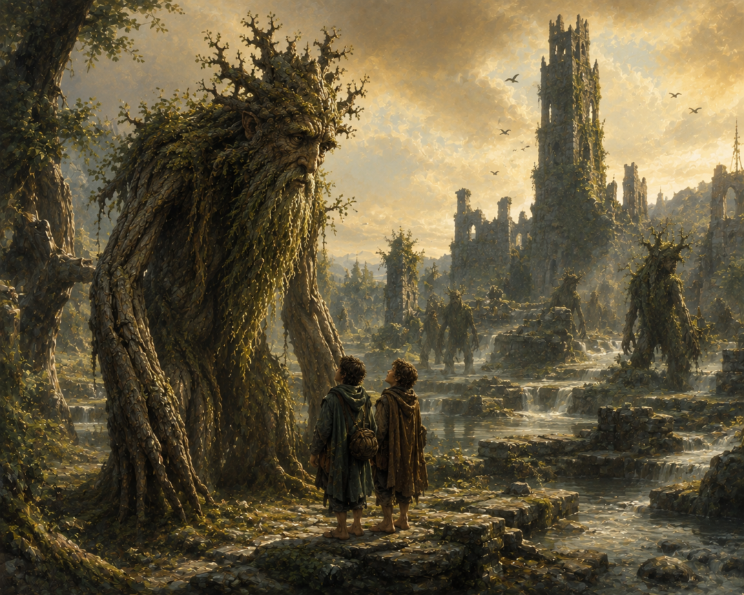Treebeard stands with Merry and Pippin at Isengard after the once-unclassified Hobbits have entered Entish memory.