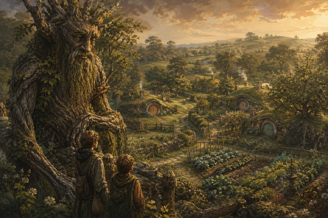 Treebeard searching the burned and deserted gardens of the Entwives in the devastated Brown Lands.
